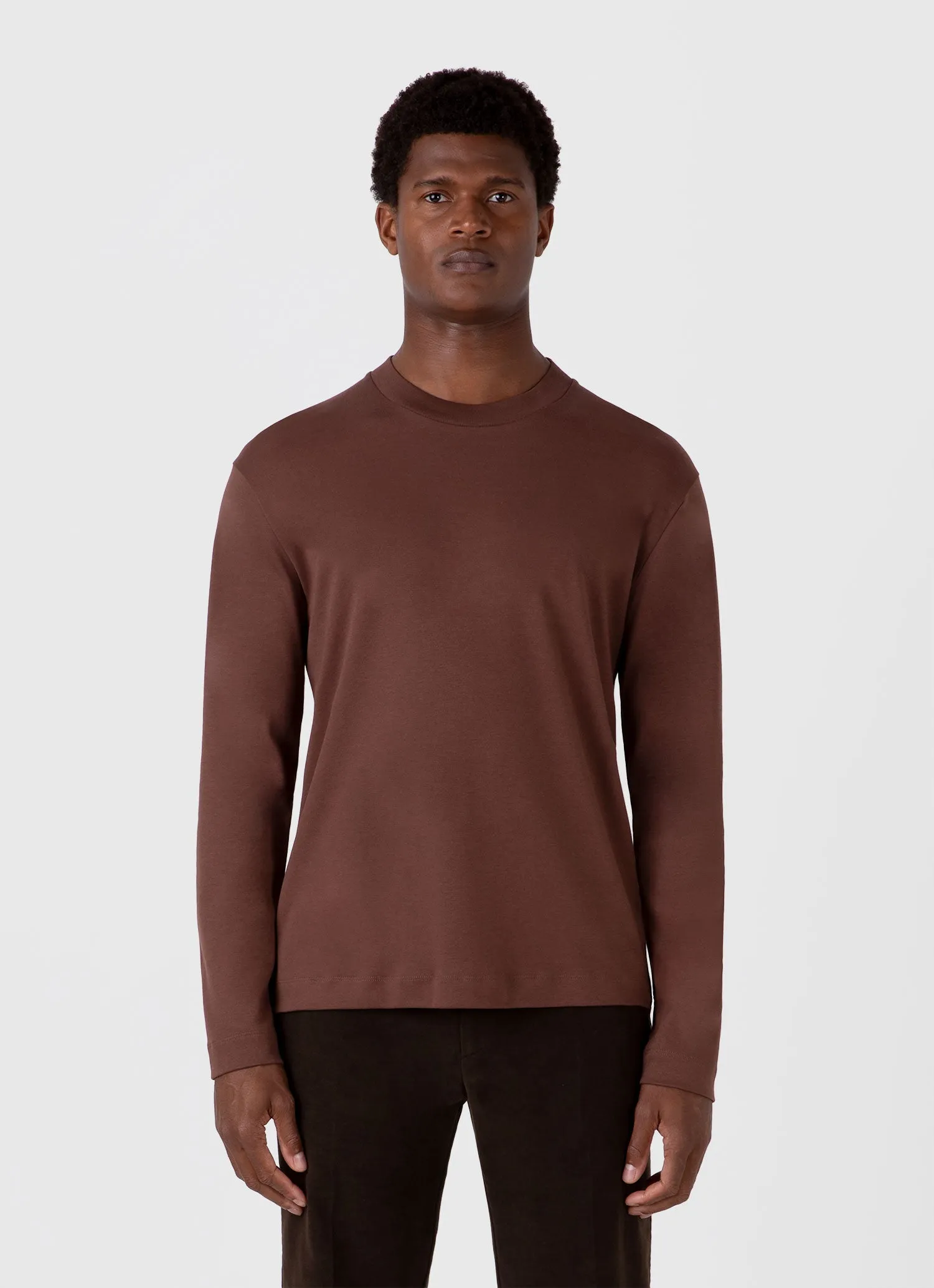 Men's Long Sleeve Heavyweight T-shirt in Cocoa Brown Sunspel