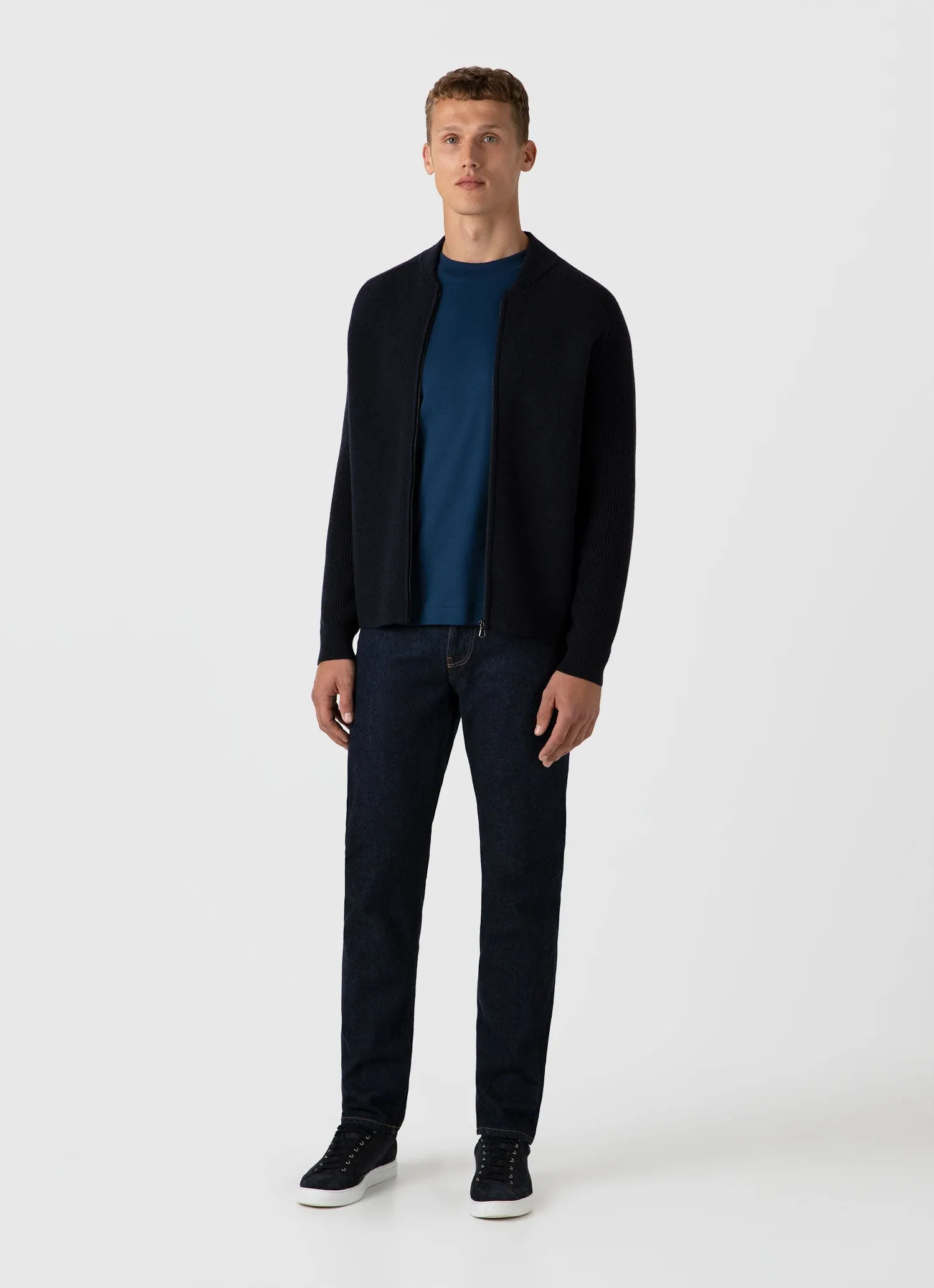Men's Long Sleeve Heavyweight T-shirt in Naval Blue Sunspel