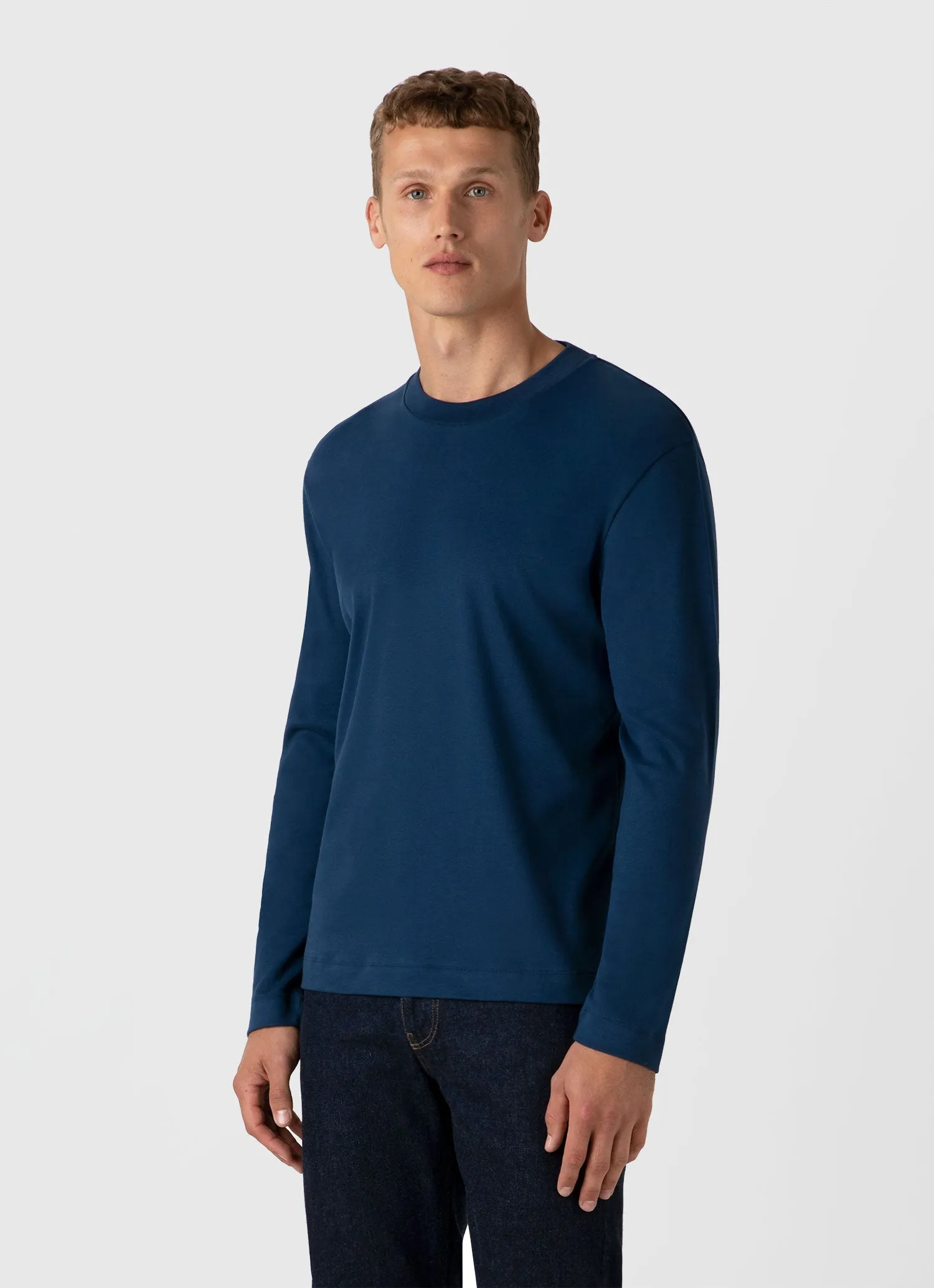 Men's Long Sleeve Heavyweight T-shirt in Naval Blue Sunspel